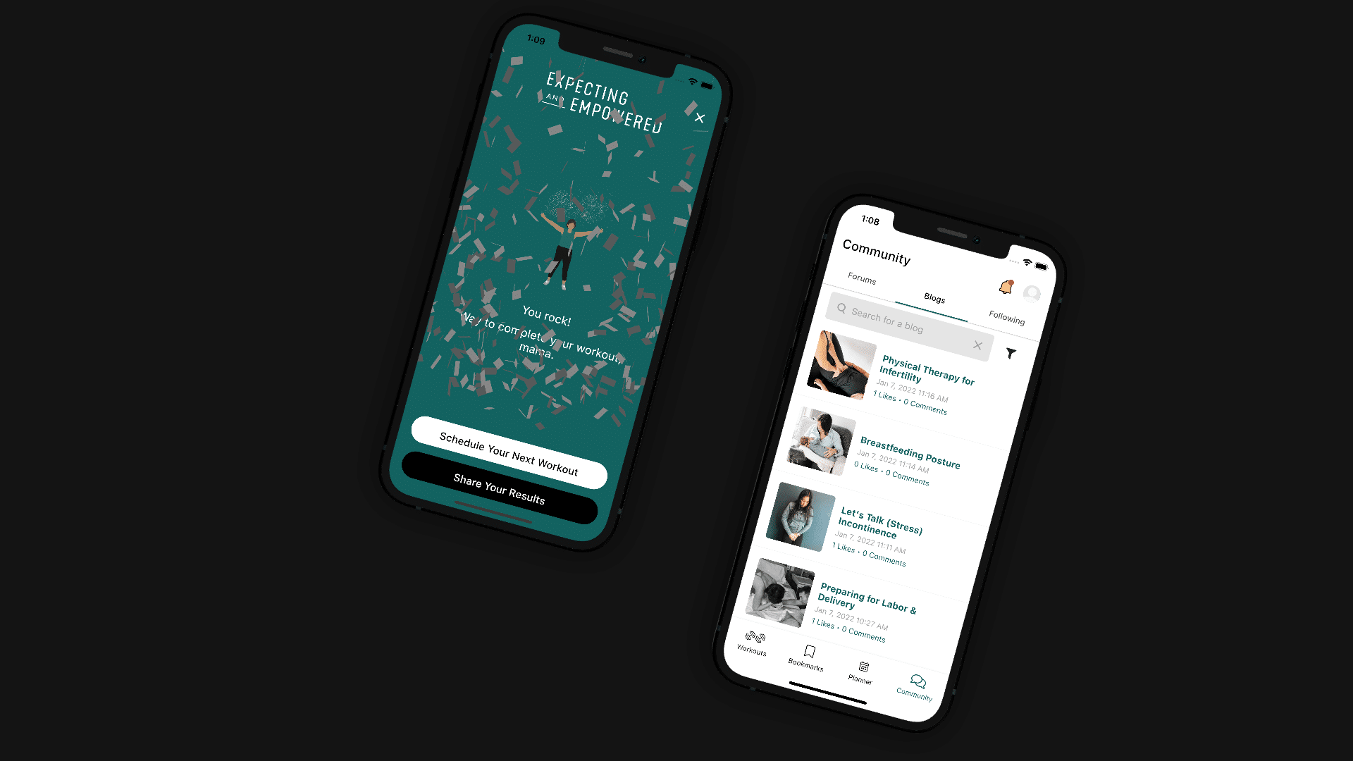 Screenshot of Expecting and Empowered mobile app's results and community screens.