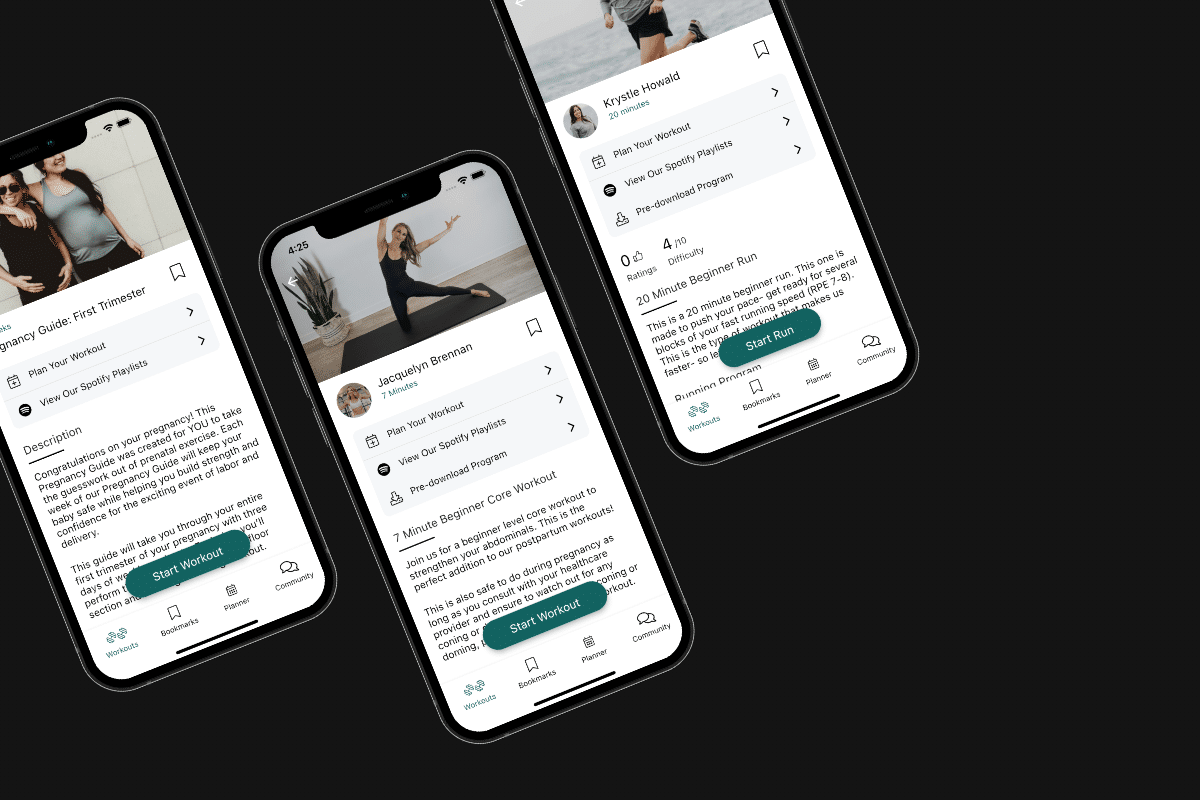 Screenshot of Expecting and Empowered mobile app's different workouts and programs.