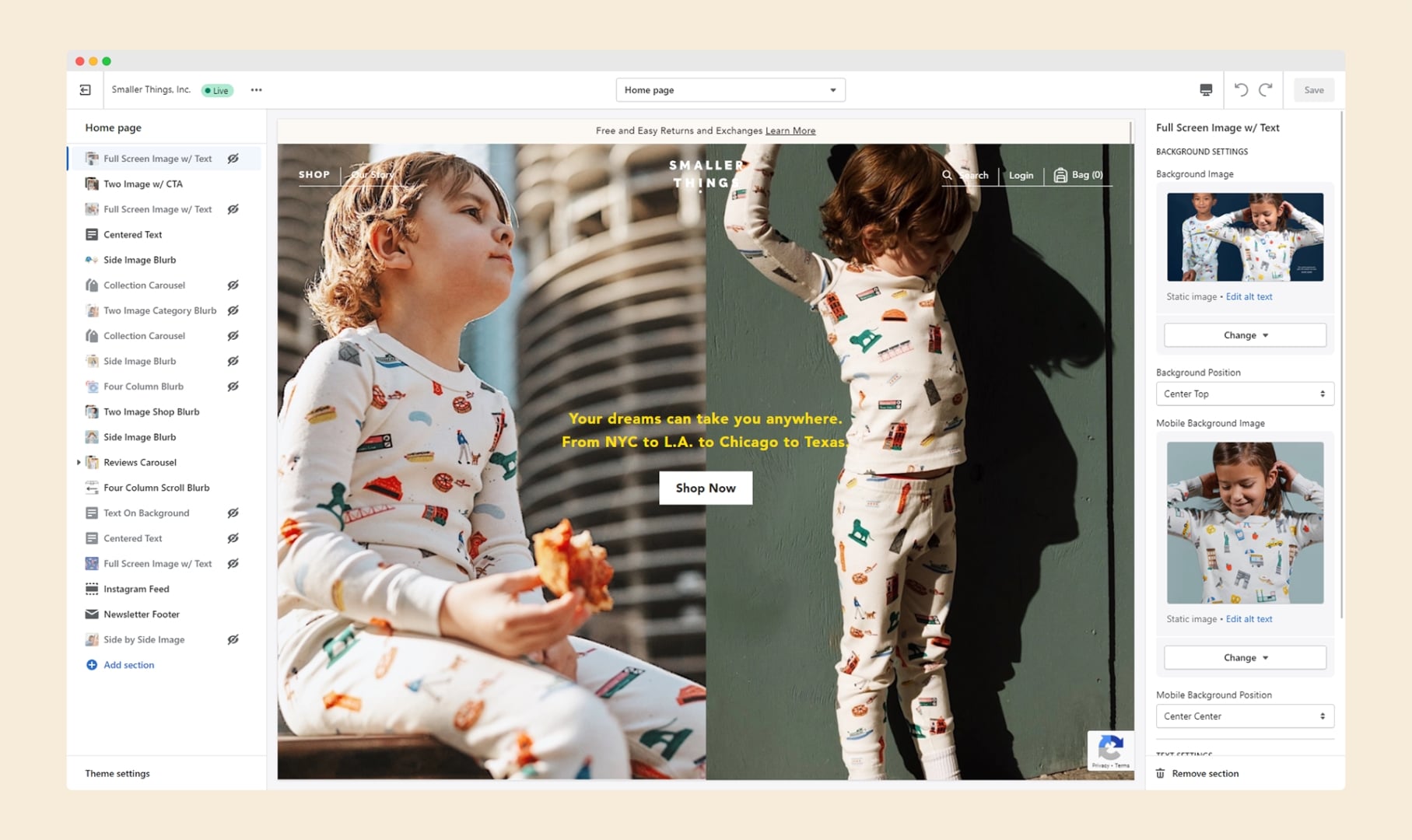 Screenshot of Smaller Things theme customizer