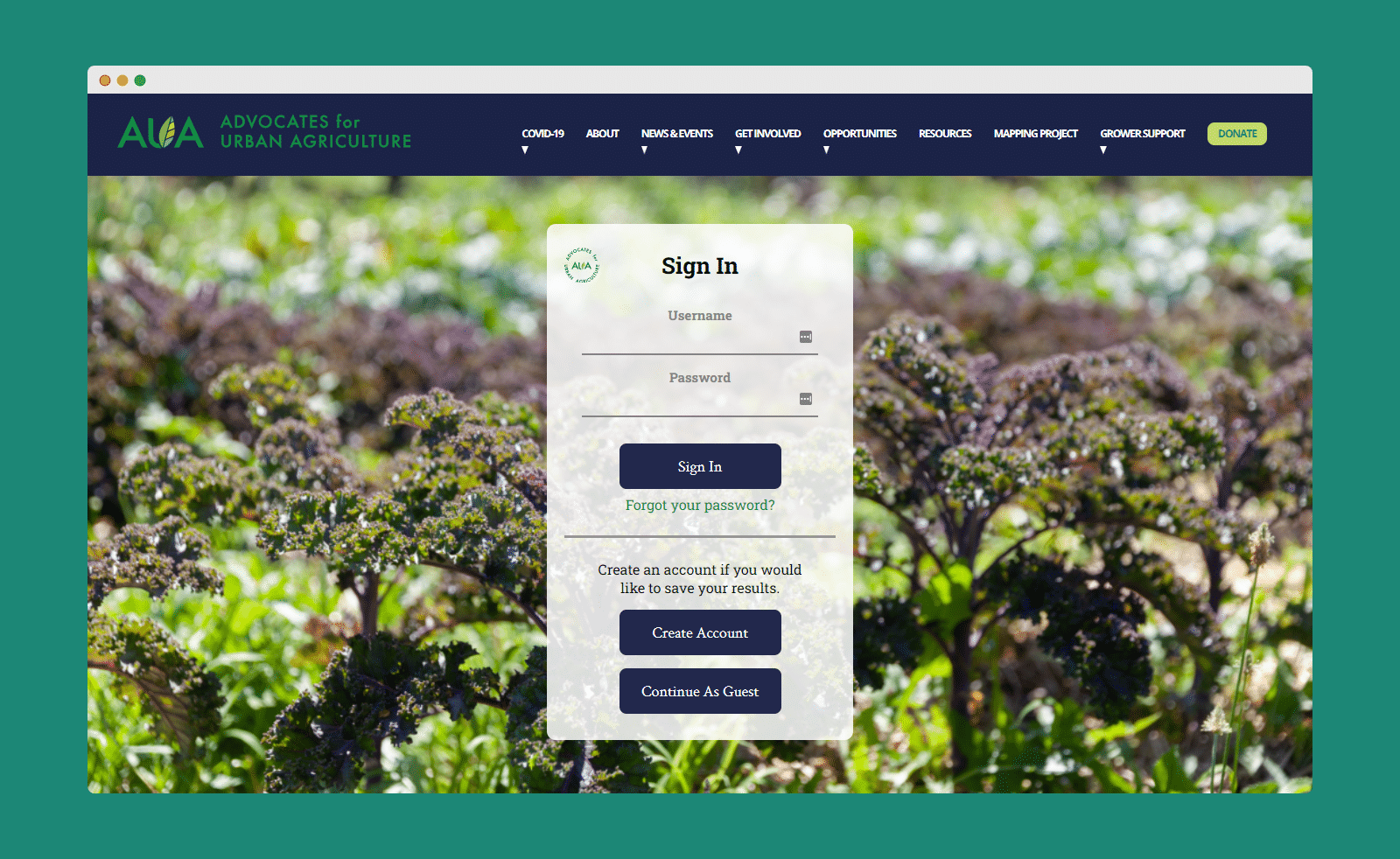 Screenshot of Grown in Chicago login screen.
