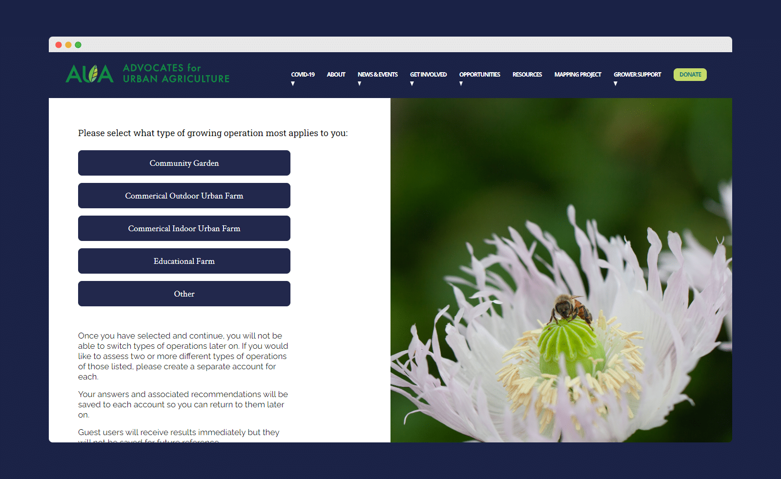 Screenshot of Grown in Chicago select your growing operation screen.