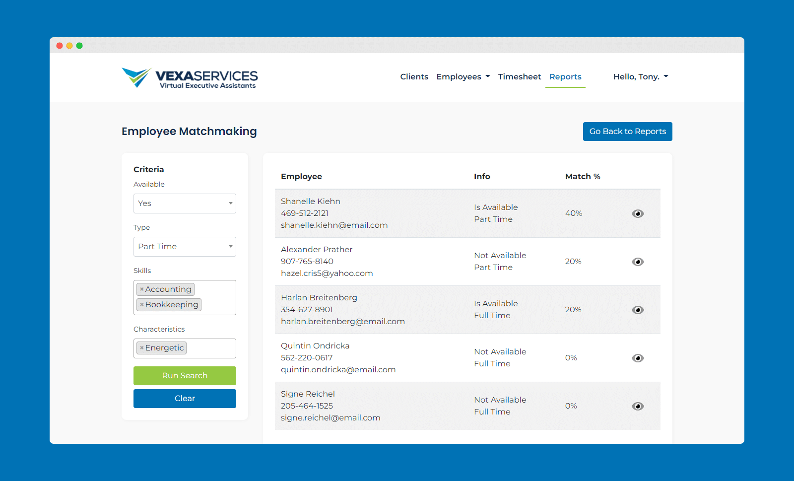 Screenshot of VEXA Services' employee matchmaking screen.