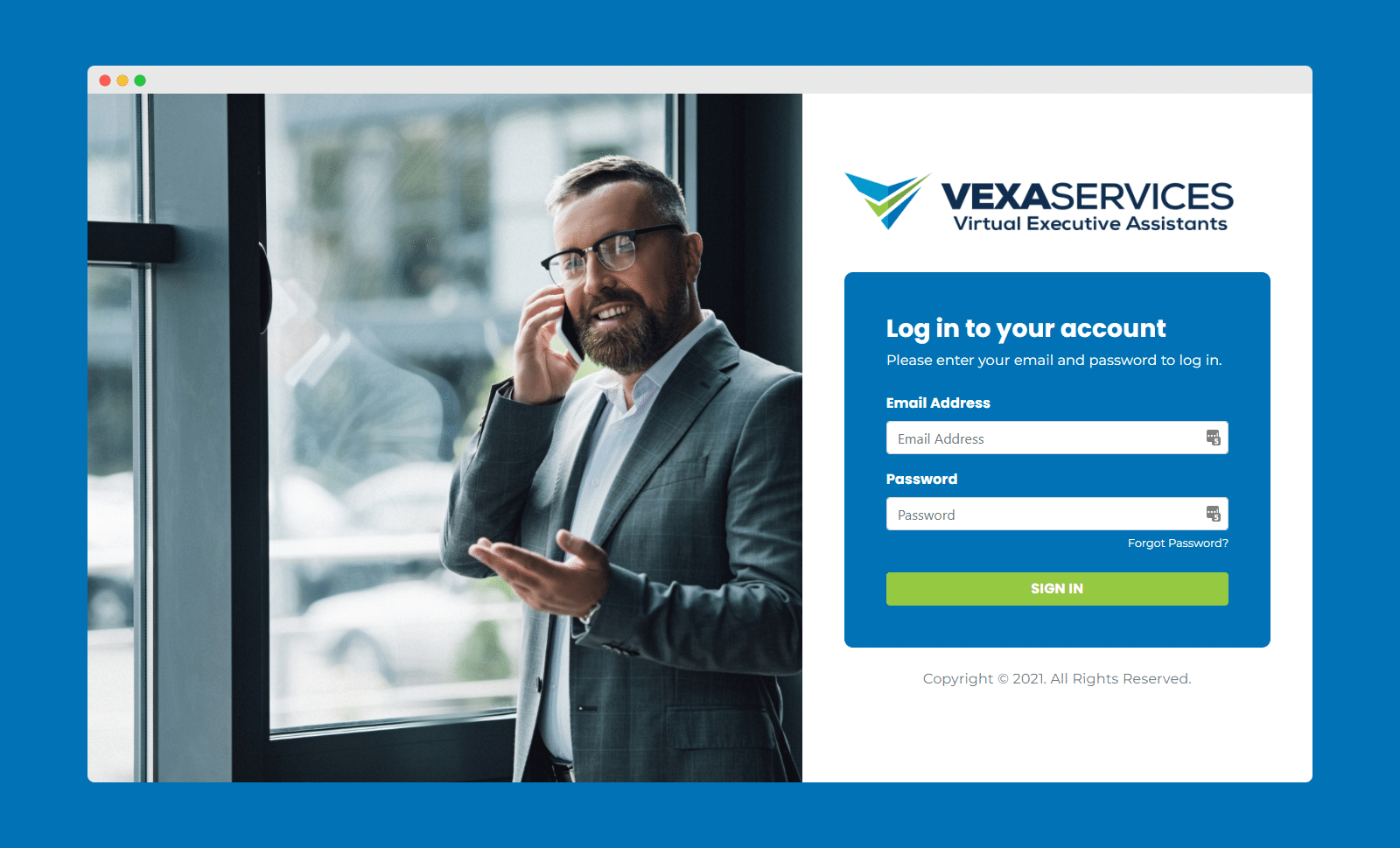Screenshot of VEXA Services' login screen.