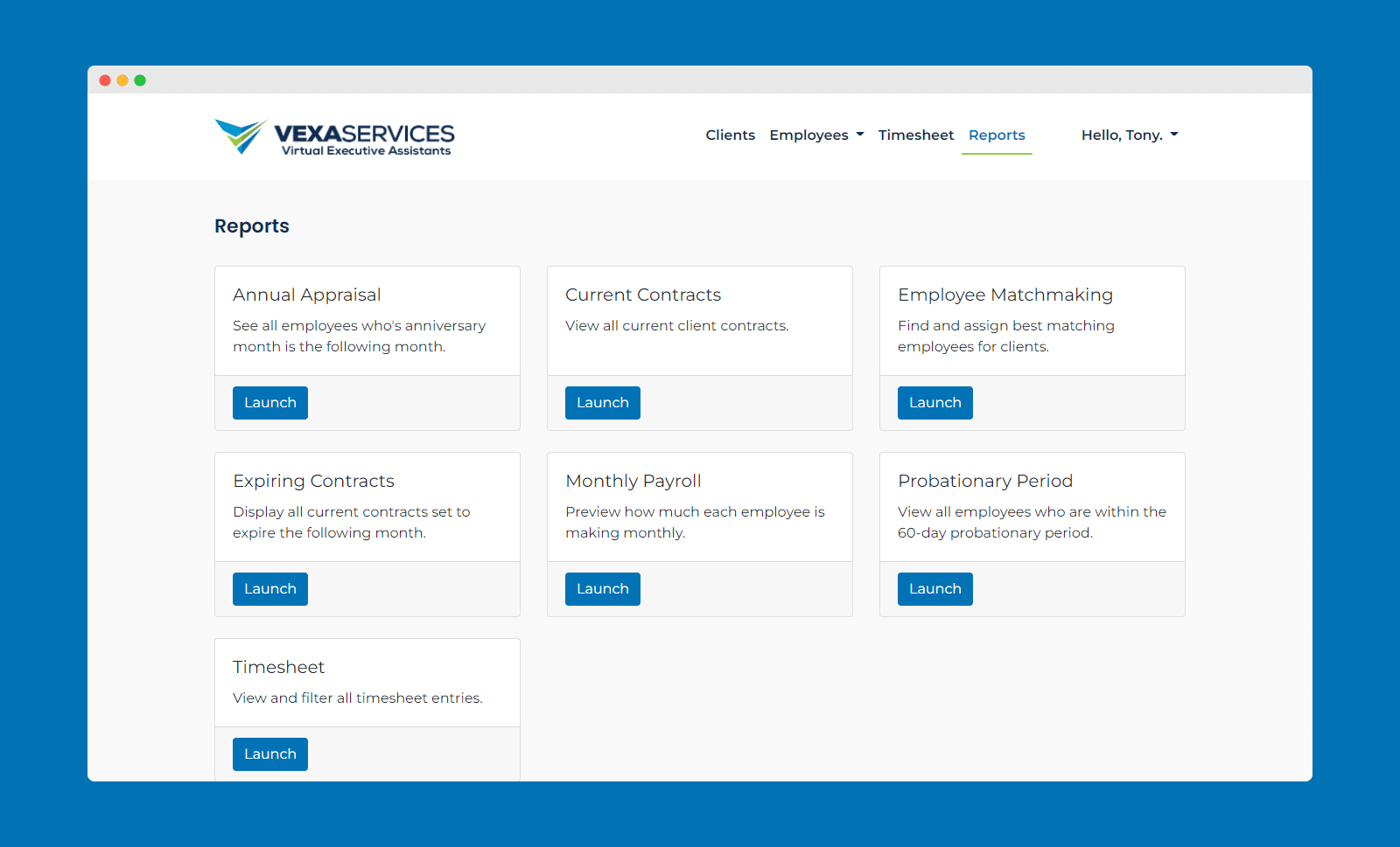 Screenshot of VEXA Services' reports screen.