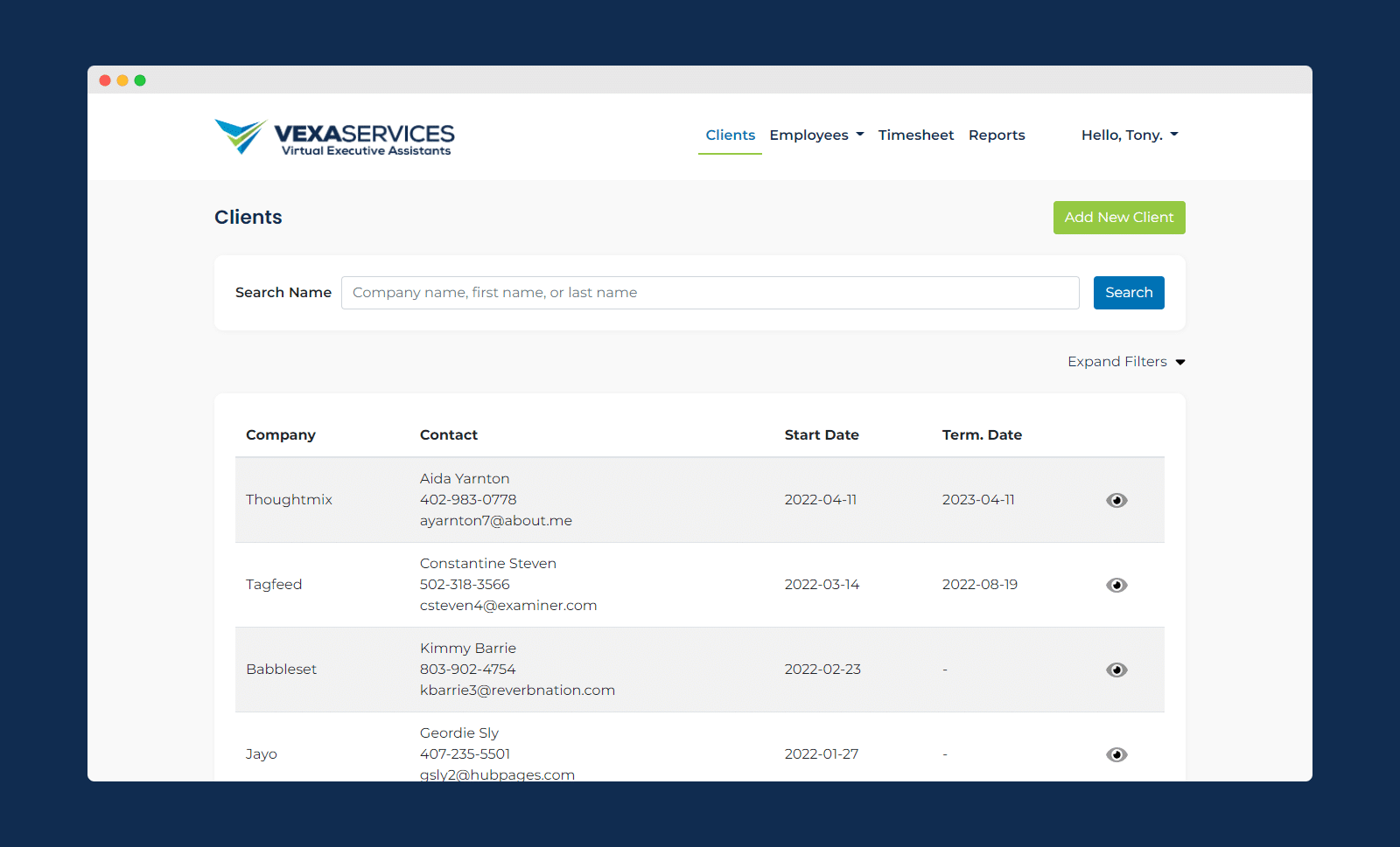 Screenshot of VEXA Services' clients screen.