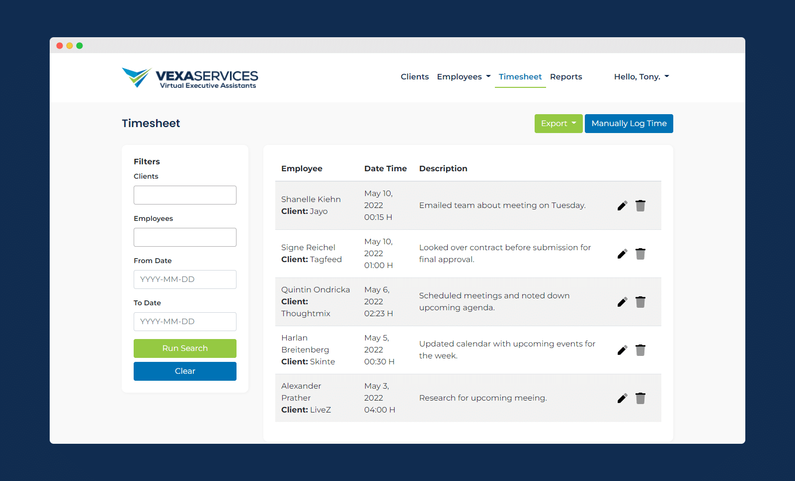 Screenshot of VEXA Services' timesheet screen.