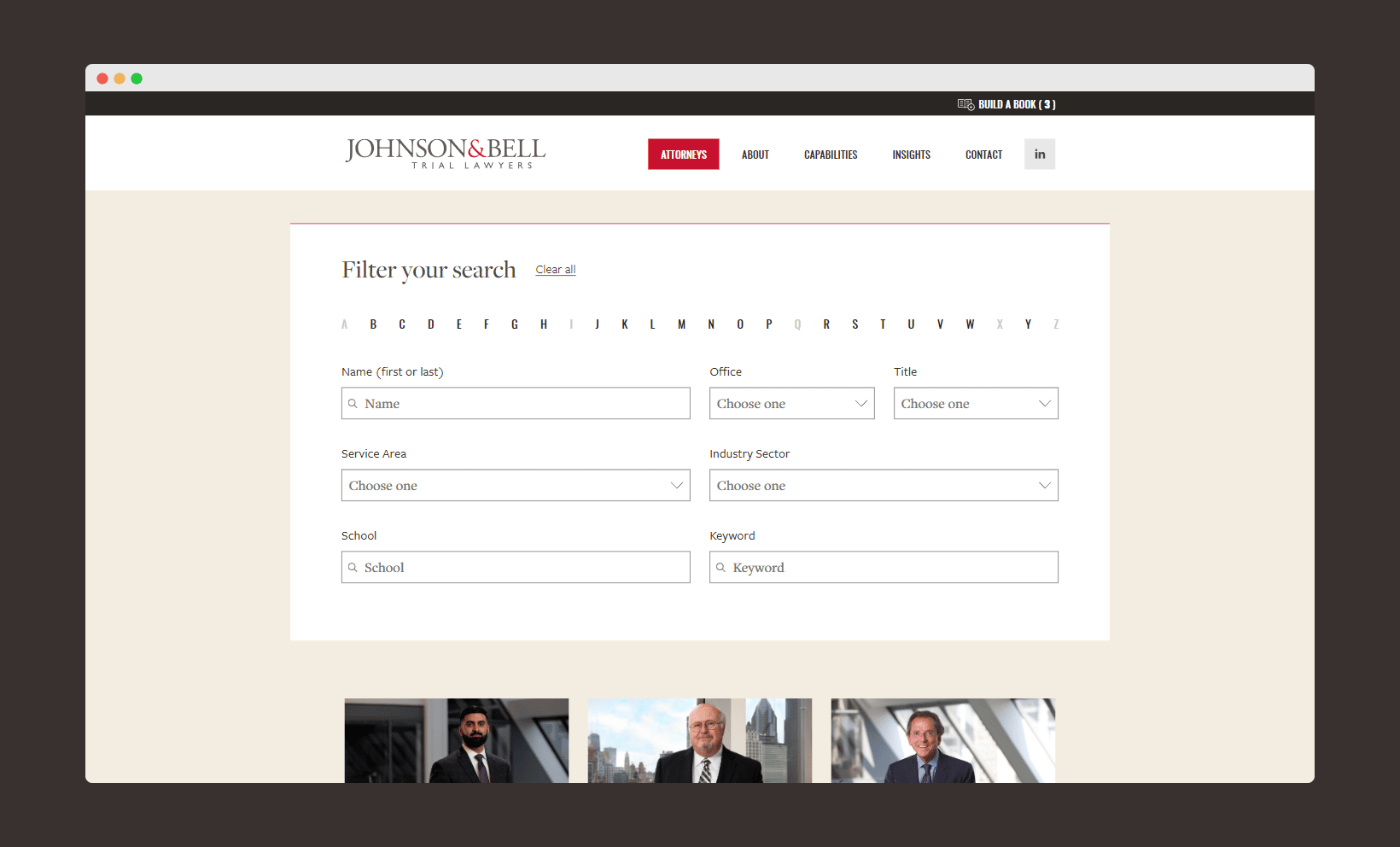Screenshot of Johnson & Bell's attorney search page.