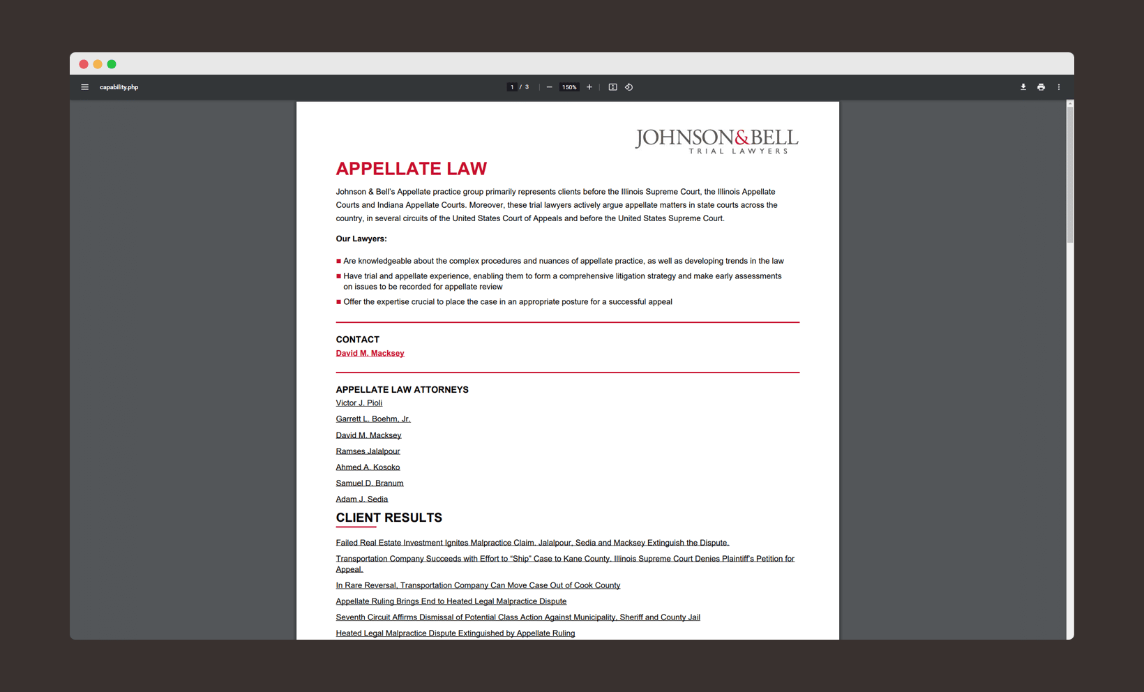 Screenshot of PDF export from Johnson& Bell website.